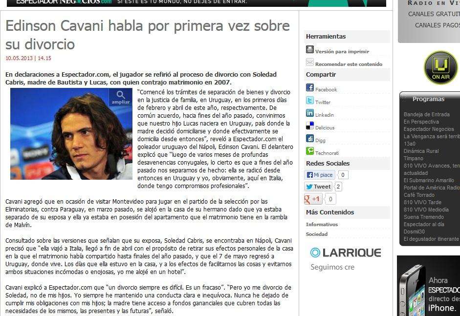 Cavani allo scoperto: "Io e Soledad ci siamo separati: ecco com'è andata. Voglio tenere riservata la mia privacy, conta solo il professionista"