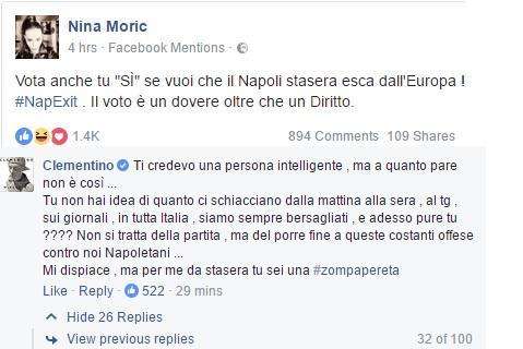 FOTO - Nina Moric attacca il Napoli, Clementino risponde: "Ti credevo intelligente, da oggi sei una zompa..."