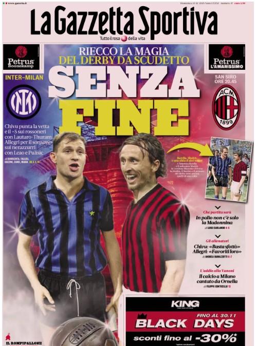 La Gazzetta dello Sport si dedica solo al derby: "Senza fine"