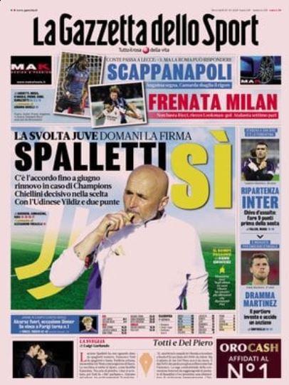La Gazzetta dello Sport: "Scappa Napoli. Frenata Milan. Spalletti-Juve, sì"