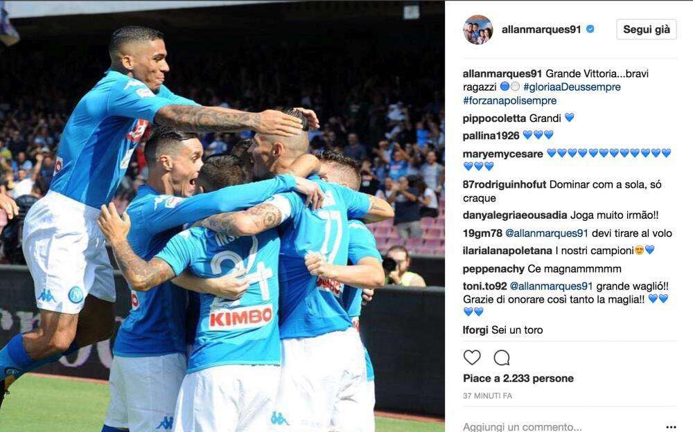 FOTO - Allan esulta: "Bravi ragazzi, grande vittoria"
