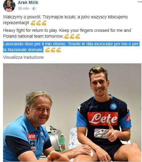 FOTO - Milik avanti con la riabilitazione: "Lavorando duro per il mio ritorno, tenete le dita incrociate!"