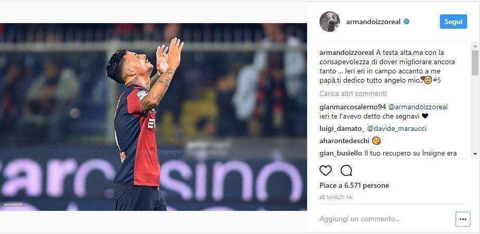 FOTO - Il napoletano Izzo e la dedica al papà: "A testa alta, ieri eri in campo accanto a me..."