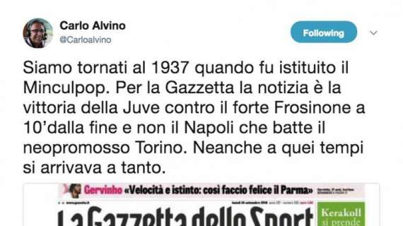 FOTO - Alvino attacca la Gazzetta: "Per loro la notizia è la vittoria della Juve e non il Napoli, nemmeno nel '37 si arrivava a tanto"