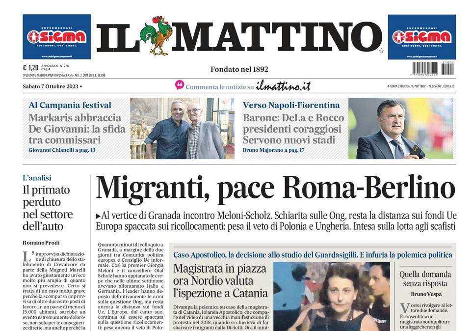 PRIMA PAGINA - Il Mattino: "Barone: 'DeLa e Rocco presidenti coraggiosi'"