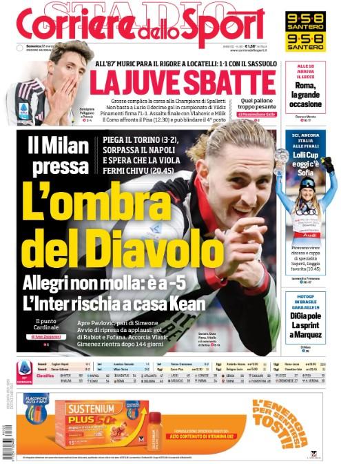Il Milan vince e torna secondo (Napoli scavalcato), Corriere dello Sport: L'ombra del Diavolo"