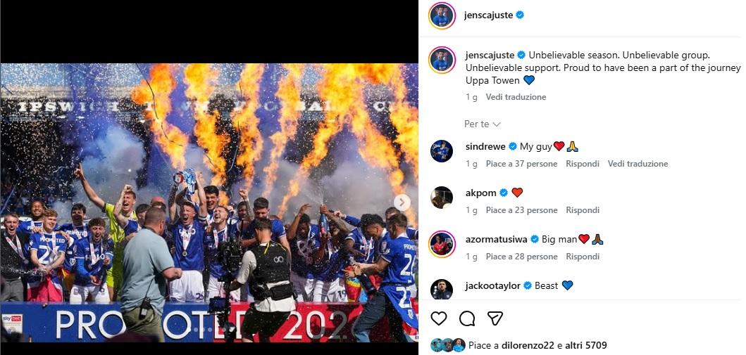 Cajuste celebra la promozione dell'Ipswich: account Instagram invaso dai tifosi inglesi
