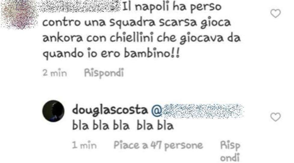 FOTO - "Il Napoli ha perso contro una squadra scarsa", Douglas Costa risponde al tifoso sui social 