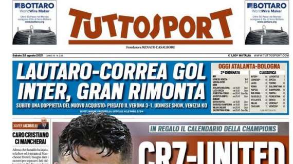 PRIMA PAGINA - Tuttosport in apertura: "CR7-United. Juve, torna Kean"