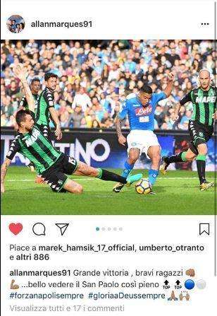 FOTO - Allan felice su Instagram: "Grande vittoria, bello vedere il San Paolo così pieno!"