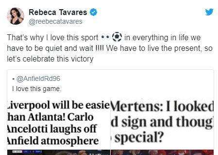 FOTO - Lady Fabinho fa discutere i social: in un tweet prende in giro Ancelotti e Mertens 