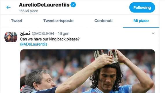 FOTO - "Possiamo riavere il nostro Re Cavani?", spunta il like di ADL su Twitter