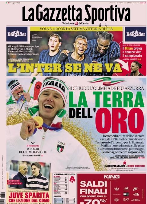 La Gazzetta dello Sport: "L'Inter se ne va! Juve sparita, che lezione dal Como"