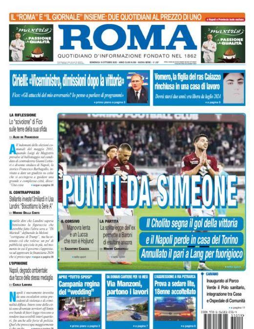L'apertura de Il Roma è dedicata al ko del Napoli: "Puniti da Simeone"
