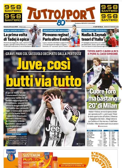 Juventus, solo pari con il Sassuolo, Tuttosport: "Così butti via tutto!"