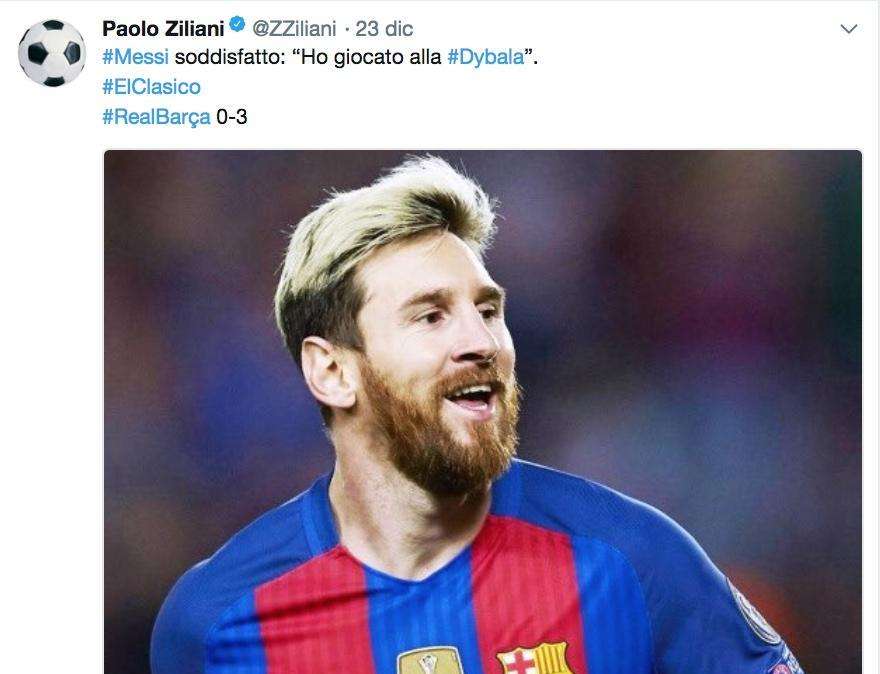 FOTO - Ziliani prende in giro gli juventini: "Messi soddisfatto dopo il Clasico, ha giocato alla Dybala"