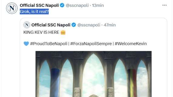 De Bruyne, il Napoli scherza sui social e chiede all'intelligenza artificiale: "E' reale?"