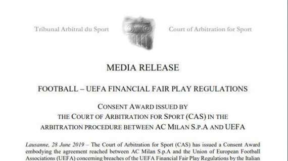 UFFICIALE: Milan, arriva la decisione dal TAS: è escluso dall'Europa League!