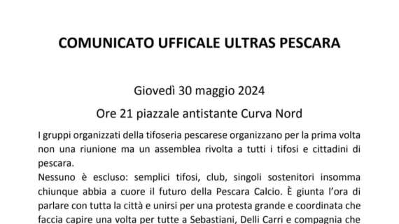 Comunicato Ufficiale Ultras Pescara: "Sebastiani Vattene" 