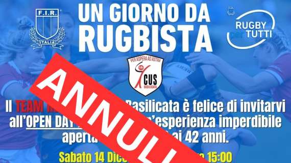 Annullato l'evento "Un Giorno da Rugbista" previsto per sabato 14 dicembre