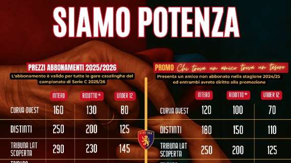 SIAMO POTENZA. Dal 4 al 23 agosto aperta la vendita libera della campagna abbonamenti 2025/26