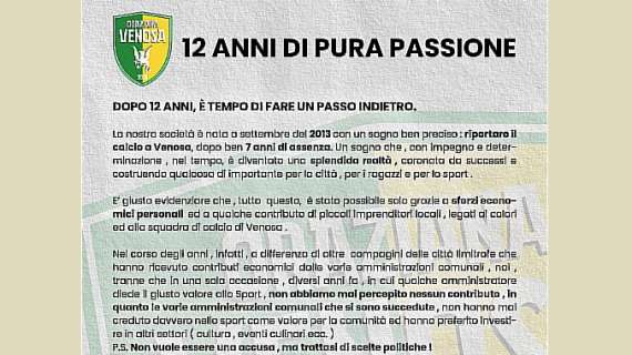 Addio Oraziana, dopo 12 anni la squadra di Venosa sospende le attività