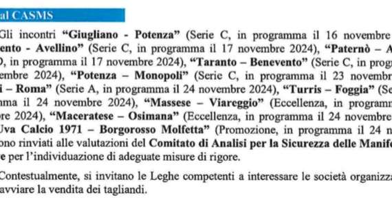 Bloccata la vendita dei biglietti per le partite Giugliano-Potenza e Potenza-Monopoli