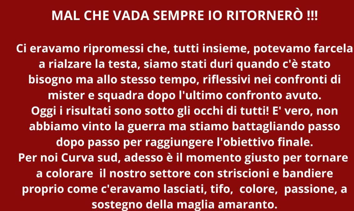 La Curva Sud annuncia coreografia: "Spingiamo la Reggina verso il traguardo"