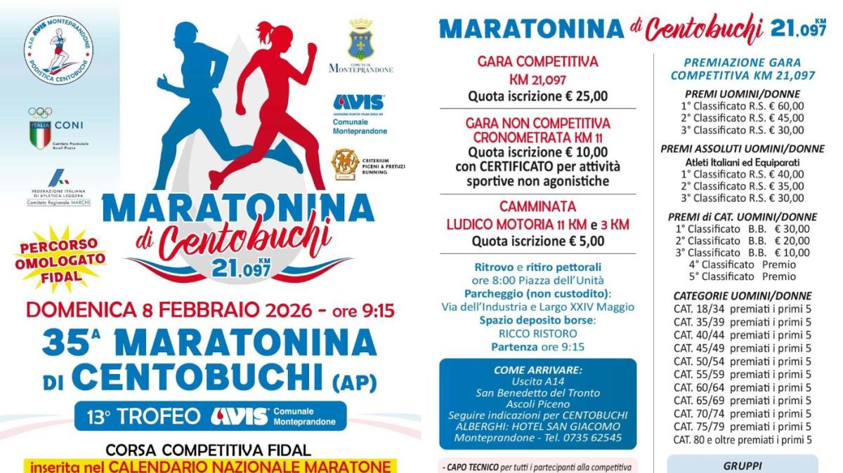 L'8 febbraio si dispurerà l'edizione numero 35 della  Maratonina di Centobuchi (AP)