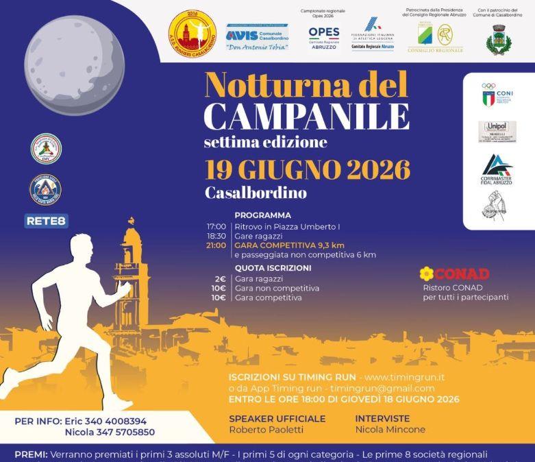 Il 19 giugno a Casalbordino (CH) torna la "Notturna del Campanile" sulla distanza di 9,3 km