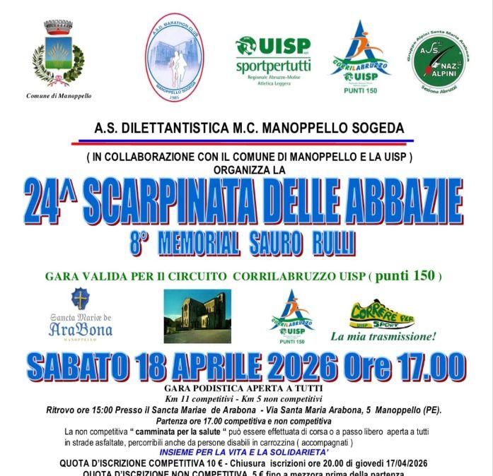 Oggi, sabato 18 aprile, a Manoppello (PE) si corre la 24ª Scarpinata delle Abbazie nel segno dell'inclusione
