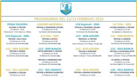 Giovanili Tritium, il programma del 12 e 13 febbraio 2022