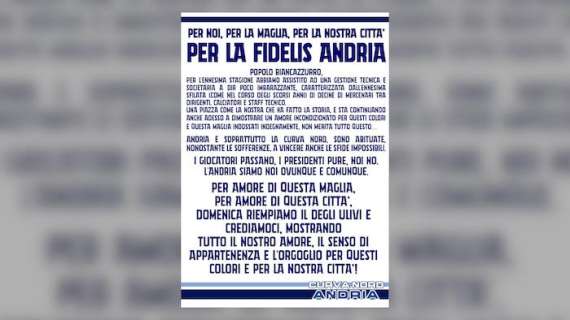 Qui Andria, gli ultras chiamano a raccolta la città prima della Turris: "Riempiamo lo stadio!"