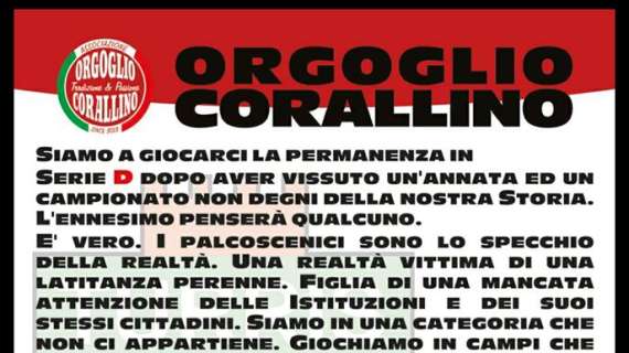 Il manifesto di Orgoglio Corallino: "L'indifferenza non costruisce nulla di importante. Tutti al Liguori!"