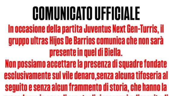 Juventus NG-Turris, il gruppo Hijos de Barrios annuncia assenza: "Le seconde squadre lo specchio del marcio nel calcio moderno..."