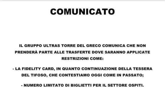 IL COMUNICATO - No alla Fidelity Card: il Gruppo Ultras TDG diserta la trasferta di Cerignola!