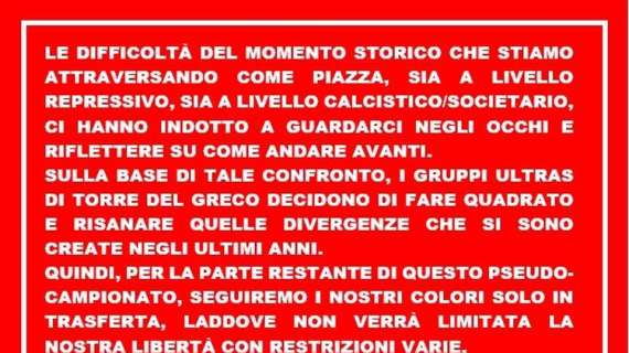 Turris, i gruppi ultras fanno fronte comune: "Mettiamo da parte le divergenze. Presenti in trasferta, restrizioni permettendo..."