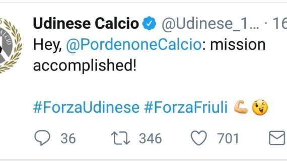 L'Udinese vendica il Pordenone: missione compiuta anche sui social