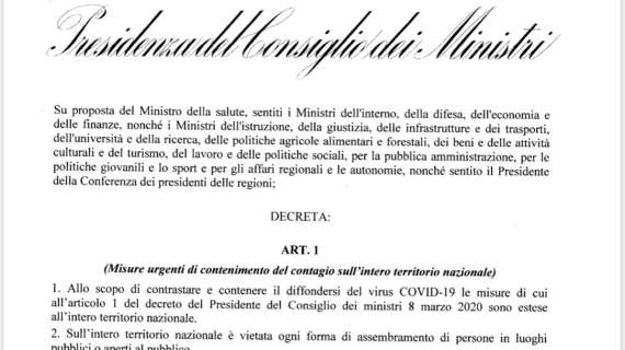 Firmato il decreto che ferma il calcio fino al prossimo 3 aprile