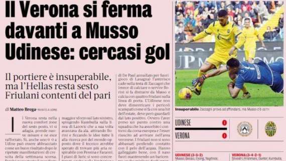 Gazzetta dello sport: “Il Verona si ferma davanti a Musso. Udinese: cercasi gol”