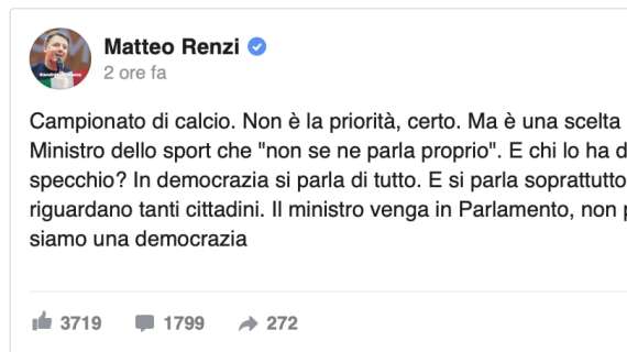 Renzi contro Spadafora: "Ripresa del calcio è una scelta importante. Non decide lui"