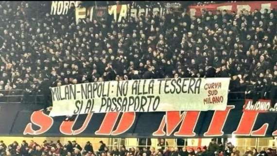 Milan-Napoli, lo striscione della Curva Sud: "No alla tessera, sì al passaporto"