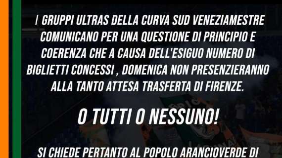 Fiorentina-Venezia, pochi biglietti a disposizione: i gruppi della Sud non parteciperanno alla trasferta