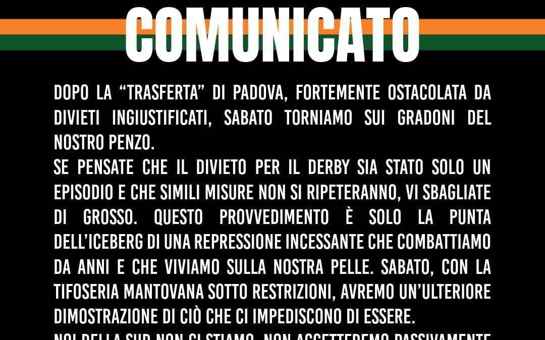 Venezia, i gruppi della Sud annunciano una protesta dopo i divieti imposti alla trasferta di Padova