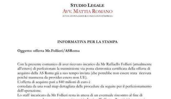 Comunicato Avv. Follieri: "Trasmessa via PEC l'offerta da 840 milioni per l'acquisizione della AS Roma". FOTO! 