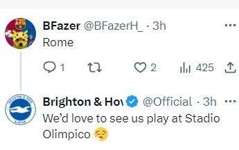 Le risposte del Brighton ai tifosi che volevano la Roma: "Ci piacerebbe giocare allo Stadio Olimpico"