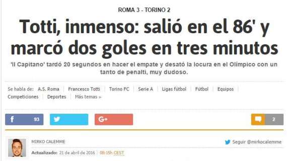 AS: "Quello che ha fatto Totti rimarrà nella storia. Se prima era il Re di Roma, ora è diventato Imperatore"
