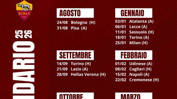 Calendario Serie A 2025/2026 - Tutte le partite dei giallorossi: prima giornata in casa contro il Bologna. Roma-Lazio alla penultima giornata di campionato. GRAFICA!